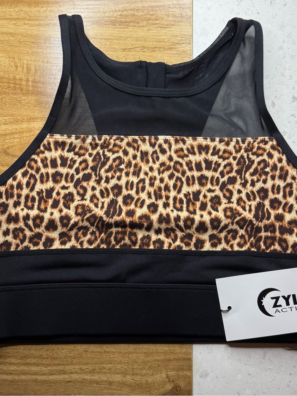ZYIA Black Sports Bra with Leopard Print Front Panel